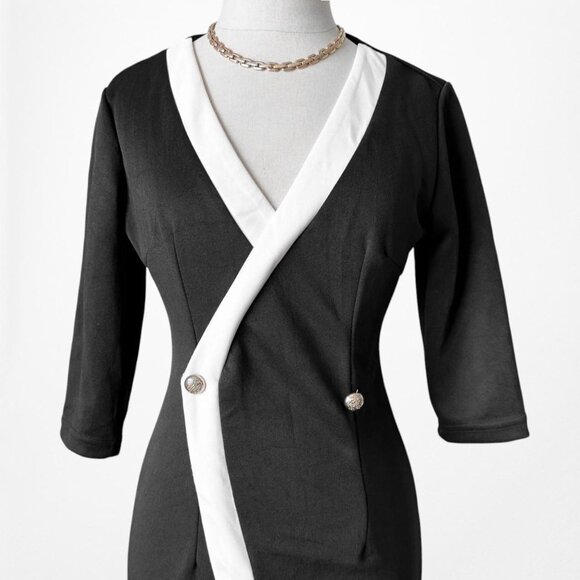 Black Button Front Colorblock Knit Front Slit Bodycon Maxi Dress Size S/M - Picture 6 of 7